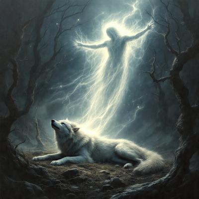 The primary subject of the image is a wolf, which is lying on the ground in a forest. The setting is a dark forest with a nighttime atmosphere. The visual style is a digital art or illustration, creating a surreal and mysterious scene. The dominant colors are dark shades, such as black, brown, and grey, which contribute to the overall mood of the image.